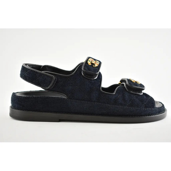 Chanel 21A Blue Velvet Denim CC Logo Mule Slide Strap Flat Teva Dad Sandal 35.5 - Picture 2 of 12